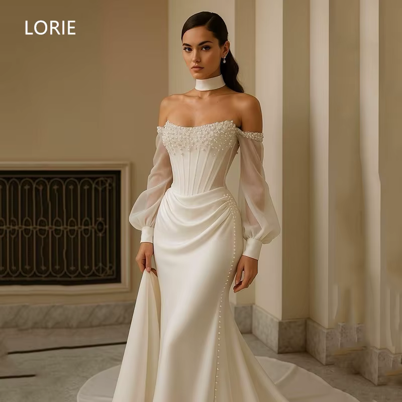 LORIE classique a-ligne brillant robes de mariée perles appliques manches robe de mariée chérie robe