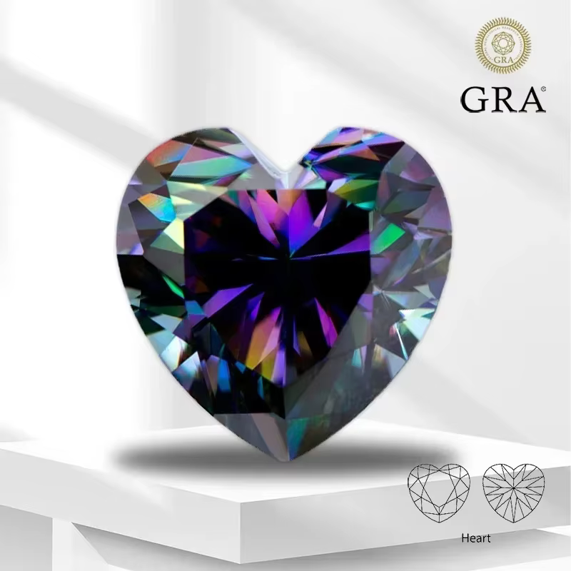 Pierre précieuse Moissanite arc-en-ciel, couleur verte, diamant certifié coupé en forme de cœur, pou