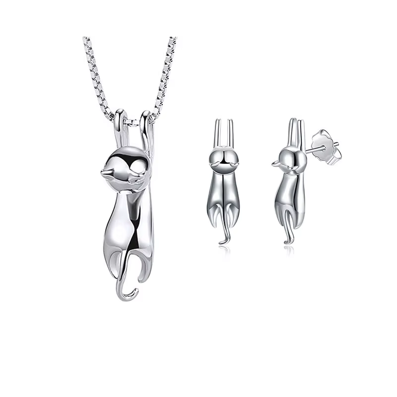 ANENJERY couleur argent élégant mignon chat ensemble de bijoux collier et boucles d'oreilles ensembl