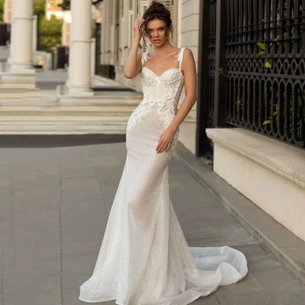 Robe de Mariée Sirène Sexy en Dentelle, Dos aux, avec Traîne Personnalisée, pour la Plage