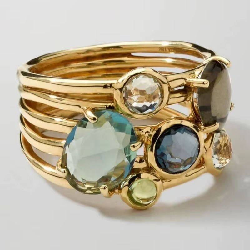 Bague en or creux avec incrustation de pierres colorées pour femmes, accessoires d'anniversaire, cad
