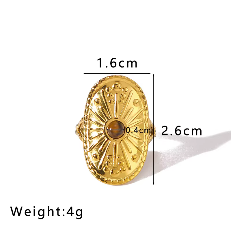 Loe | Bague Ouverte en Pierre d'Oeil de Tigre pour Femme Acier inoxydable. Plaqué or 18 carats Bijou