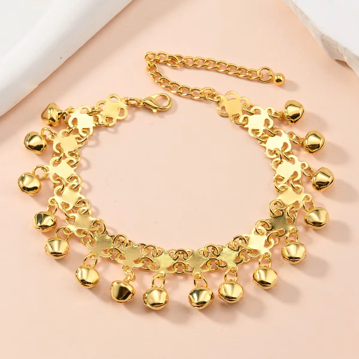 1 pièce Bracelet de cheville tendance pour femme, couleur or arabe, avec clochettes et pompons, acce