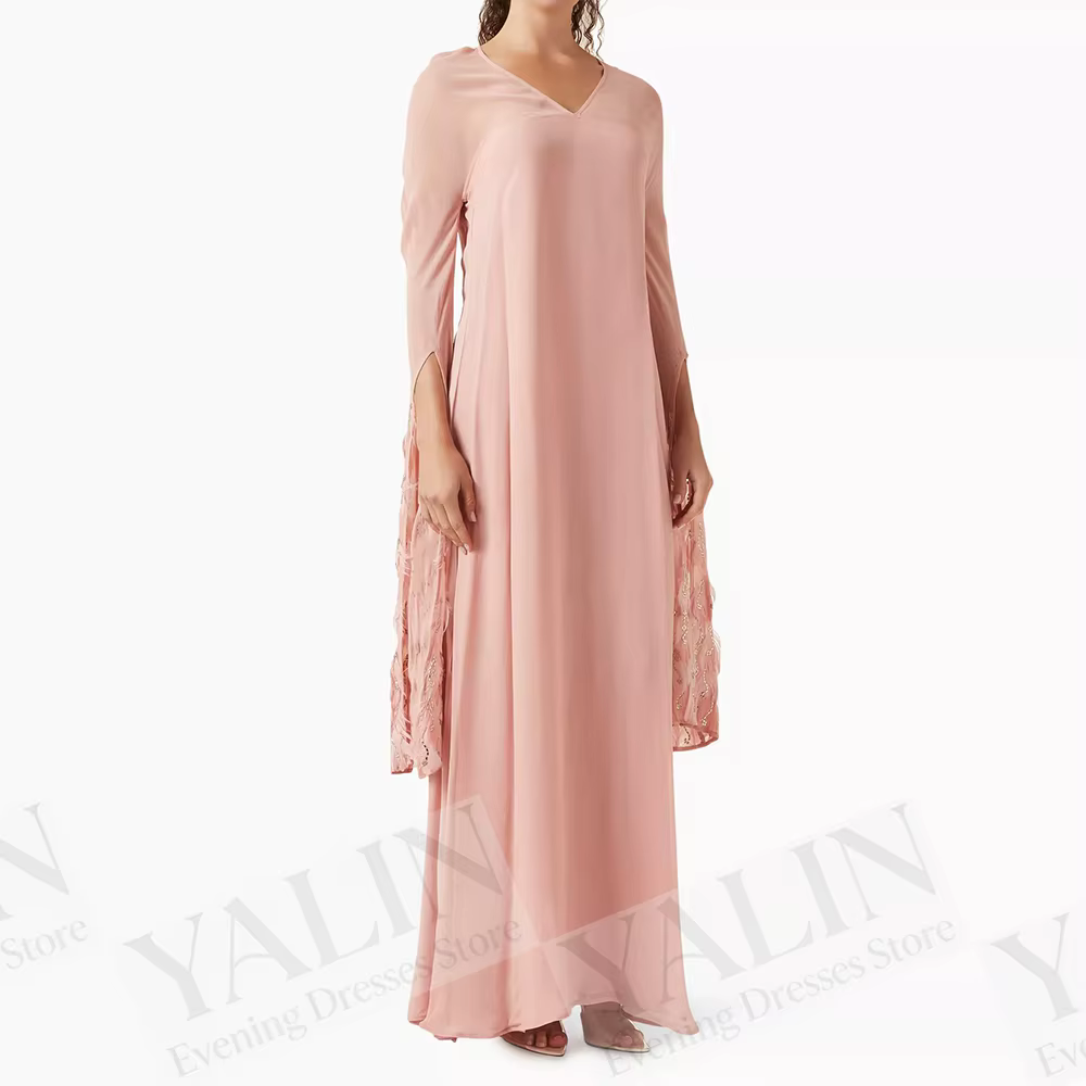 Robes de soirée trapèze pour femmes, longueur cheville, col en V, manches longues, robes de bal, plu