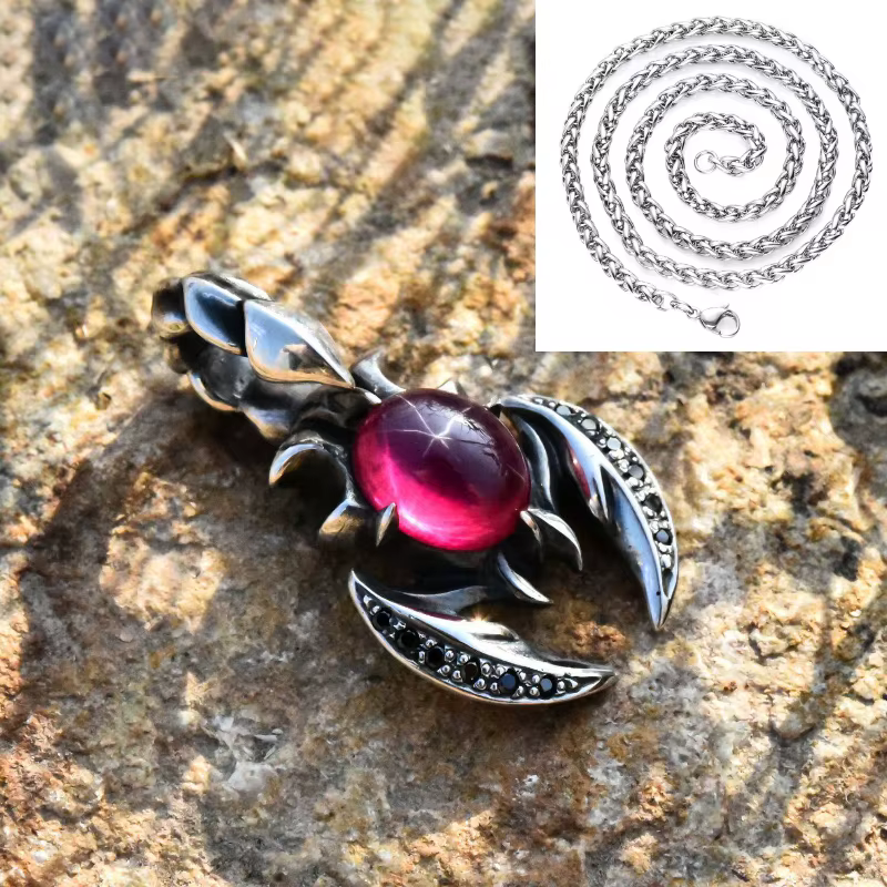Collier avec pendentif scorpion en cristal rouge et diamants noirs, style hip-hop, en argent 925, ch