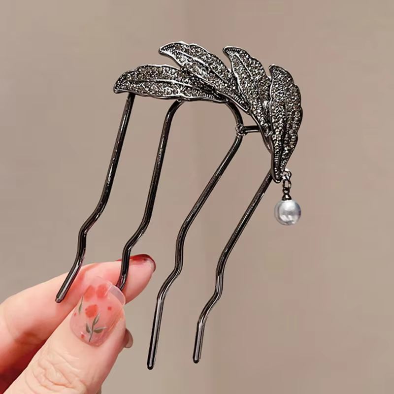 Peignes à cheveux en forme de U style antique avec strass et feuilles, épingles à cheveux à pompons 