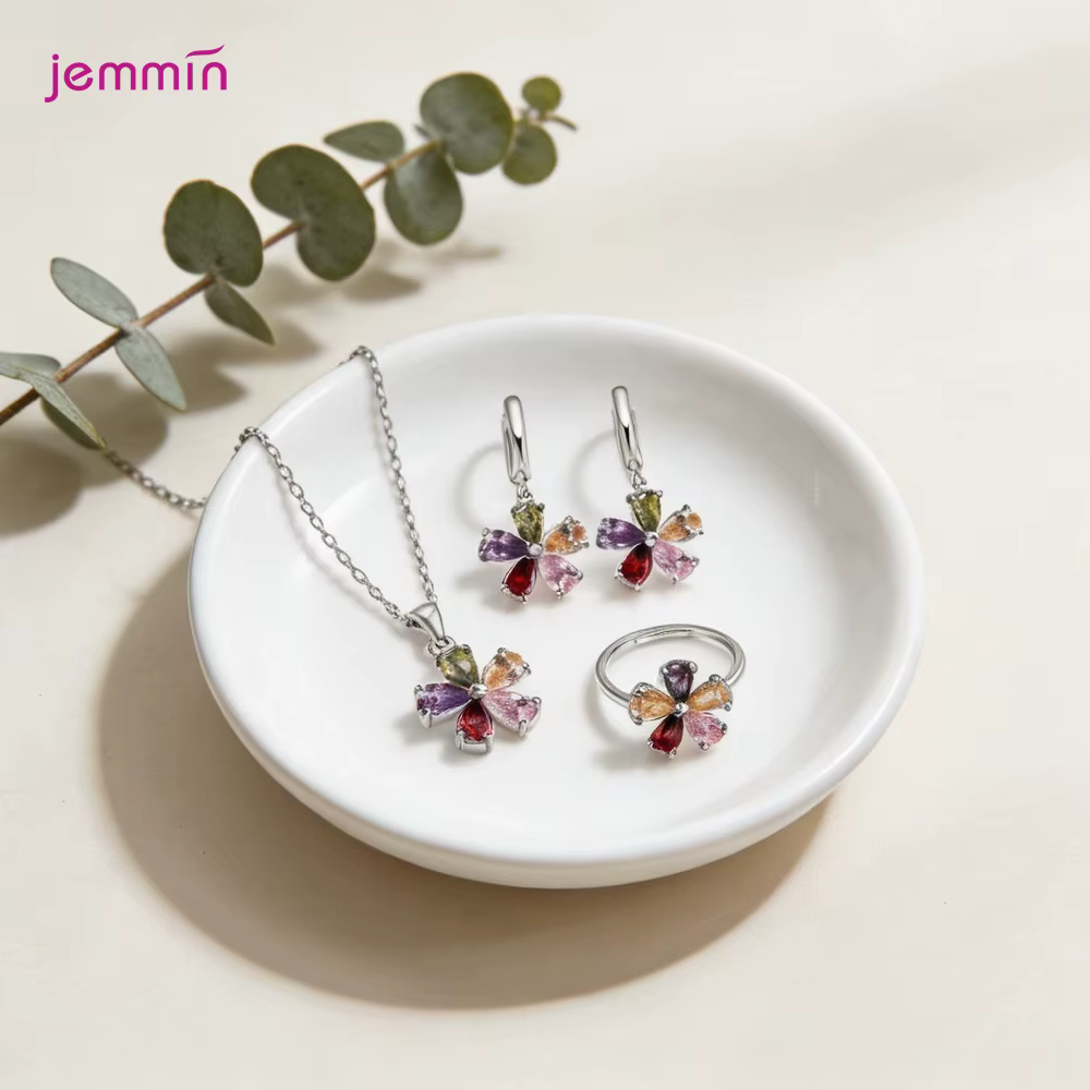Ensemble de bijoux élégant en argent sterling 925 véritable, ensemble de bijoux en forme de fleur ar