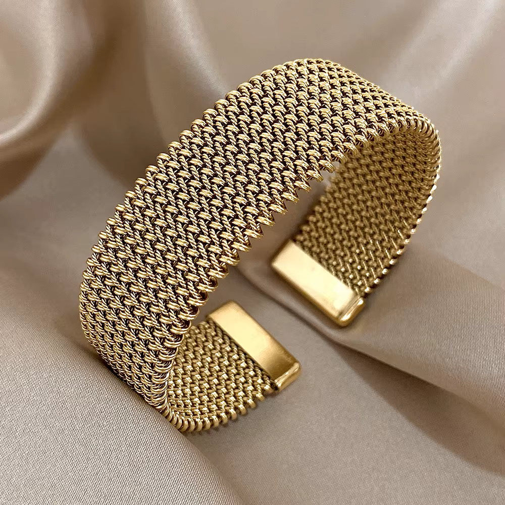 Bracelets manchette doré tissés Vintage pour femmes, élégants, tendance, en acier inoxydable, épais,