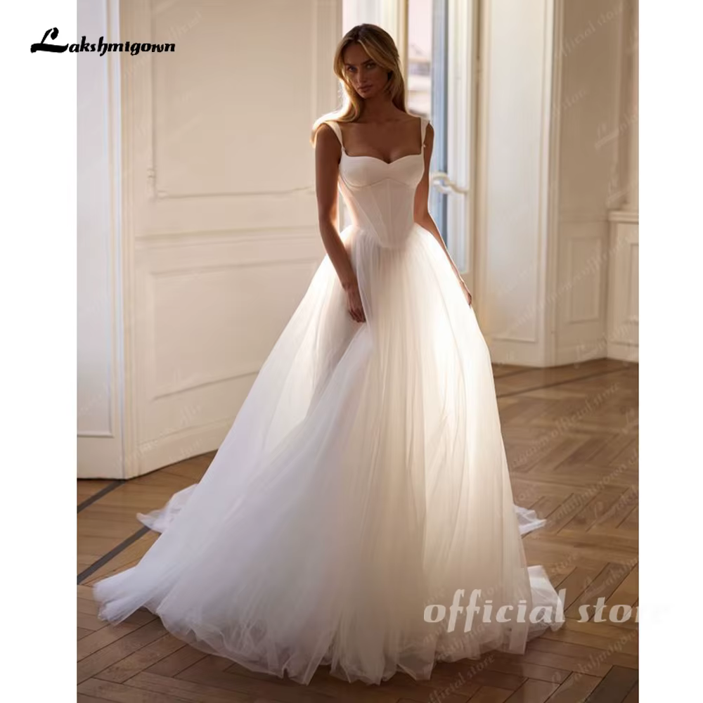 Lakshmigown – robe de mariée trapèze en Tulle ivoire, sans bretelles, Simple, sans manches, bretelle