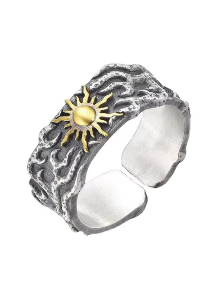 Bague pour homme en argent sterling 925 Buyee, élégante, motif soleil doré, ouverte, pour homme, bij