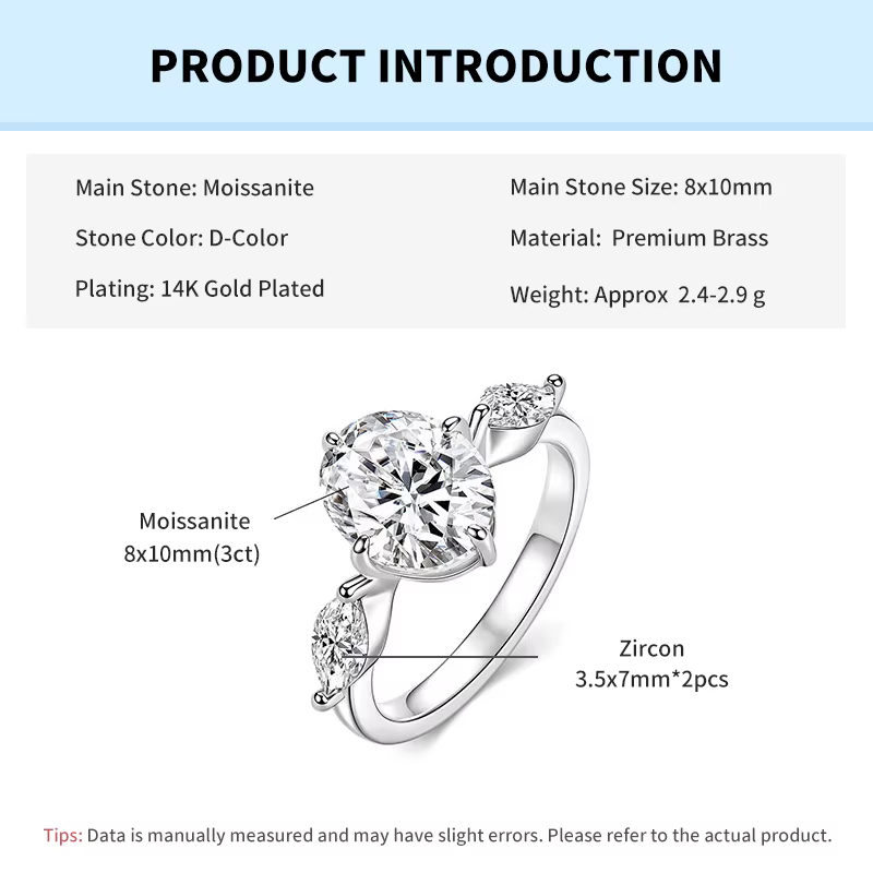 Rrjzz – bague de fiançailles ovale certifiée 8x10mm, 3CT, couleur D, en moissanite, pour femmes, pro