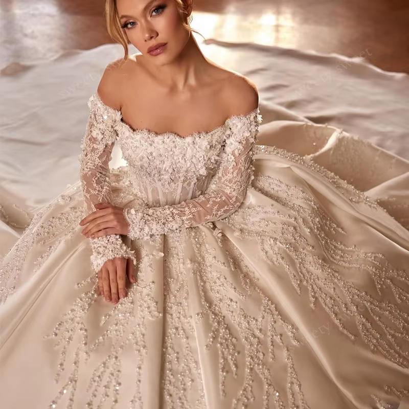 Robe De mariée élégante en taffetas avec perles, Robe De bal en Satin, col bateau, manches longues, 