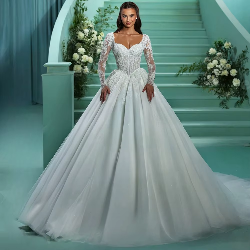 Robes De mariée De luxe ligne A pour femmes, avec des Appliques en dentelle, manches longues, person