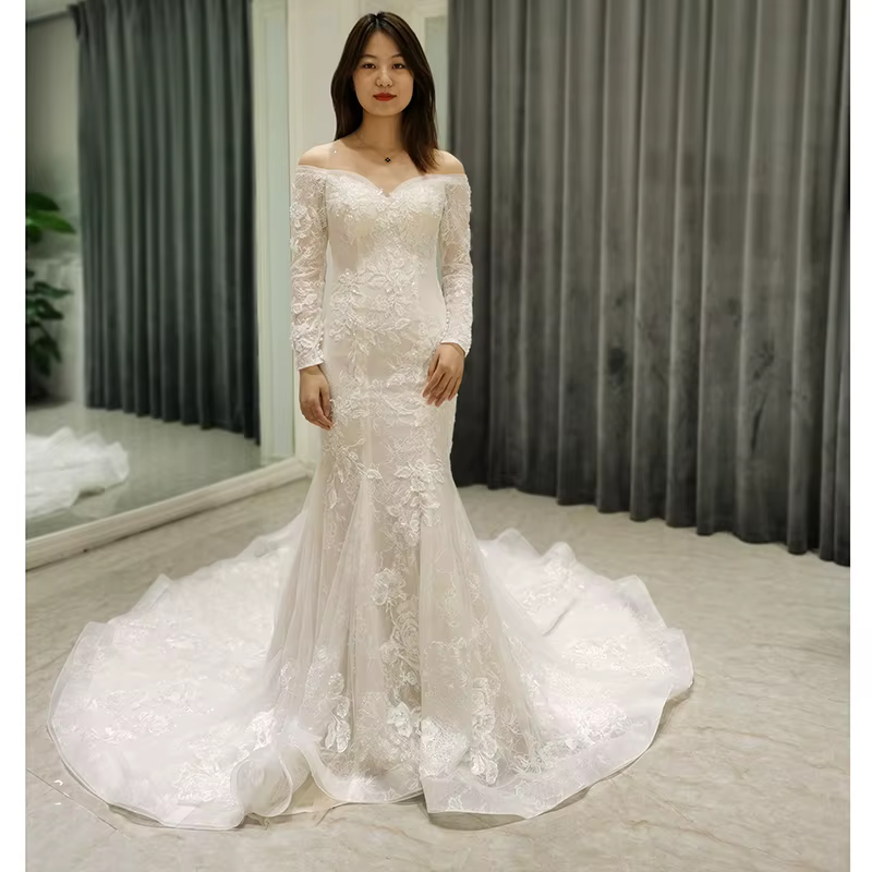 SL-8353 robe de mariée personnalisée mariée blanche pharmacien fête romantique épaules ouvertes robe