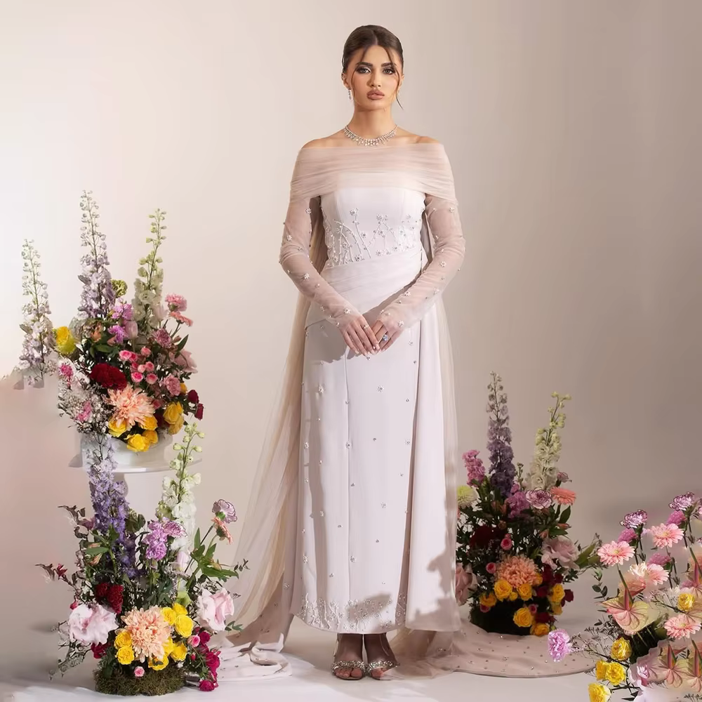Robes de soirée de mariage élégantes col bateau manches longues perles robes de soirée exquises drap