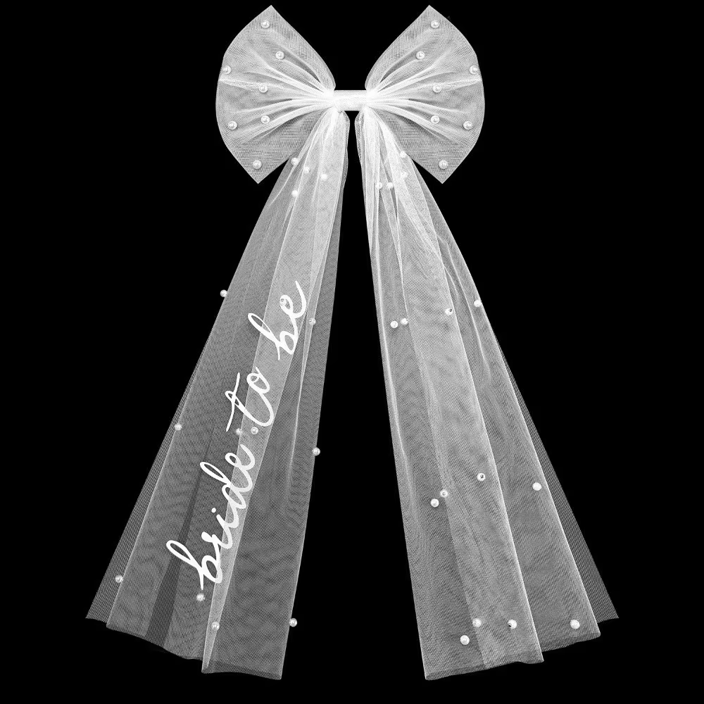 Voile de mariée minimaliste à fleurs avec nœud perlé, double couche, en gaze, pour mariée et jeune f