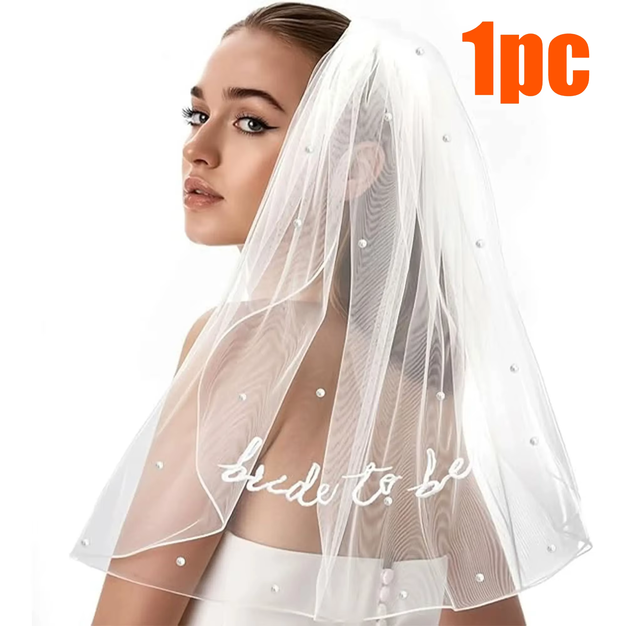 Voile de mariée blanc en dentelle, coiffe élégante avec décorations de fausses perles, accessoire ph