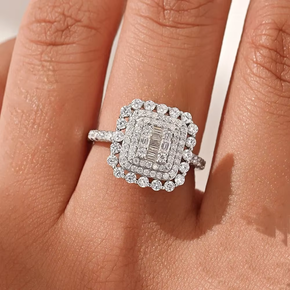 Magnifique bague en moissanite pour femme, plaqué argent S925, or 18 carats, halo multi-diamants, bi