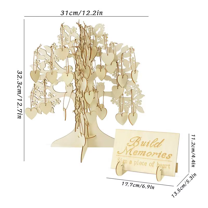 Livre d'or de mariage Arbre des vœux avec carte de message et nom, pendentif cœur en bois DIY, décor