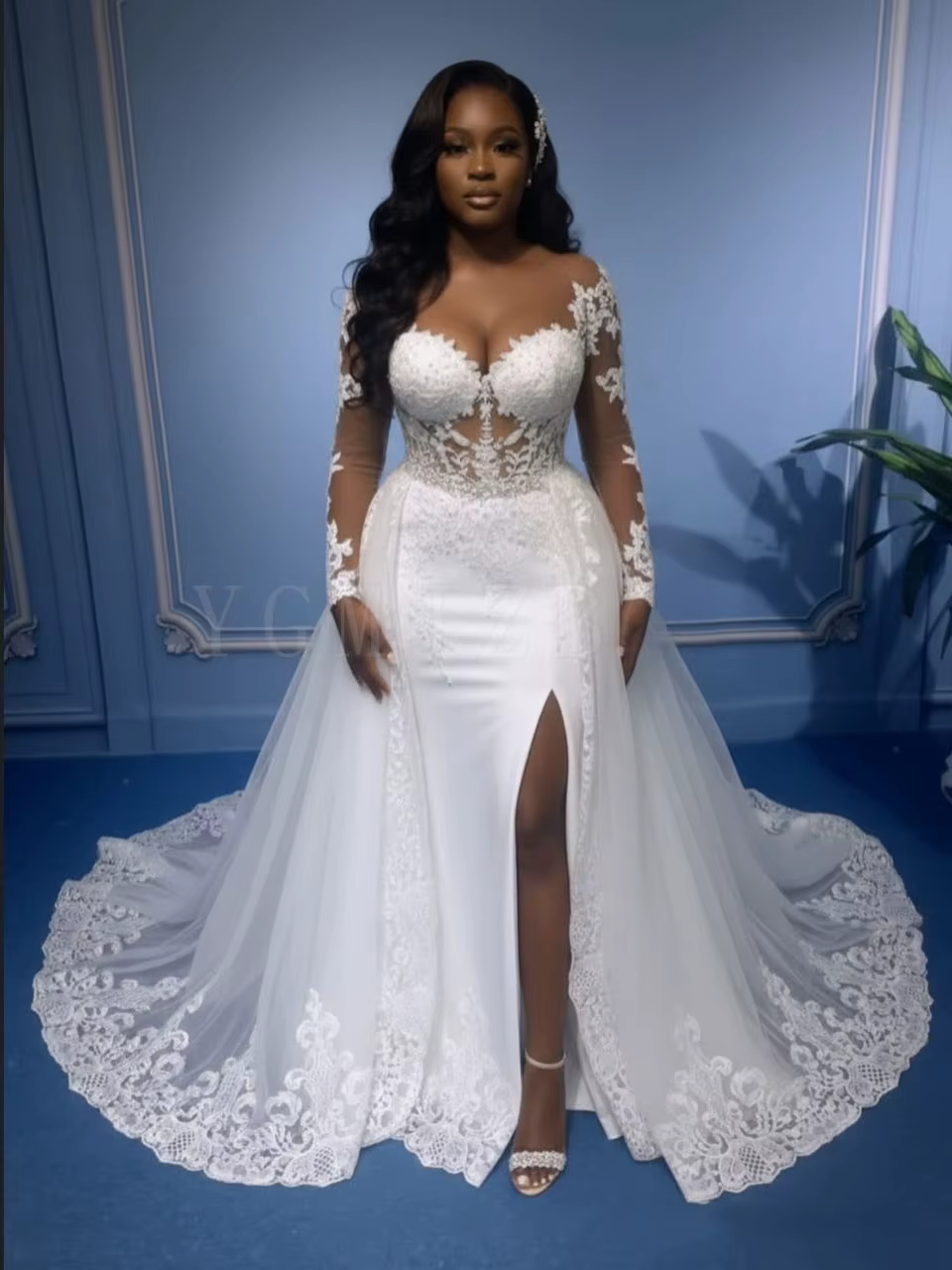 Robe de mariée sirène 2 en 1, Sexy, transparente au dos, avec des Appliques en dentelle, manches lon