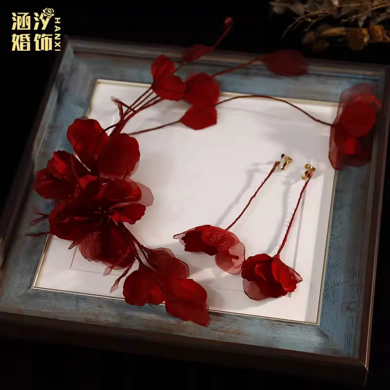 Accessoires de cheveux de mariée couleur vin rouge, fleurs pour chignon de style chinois, robe de ma
