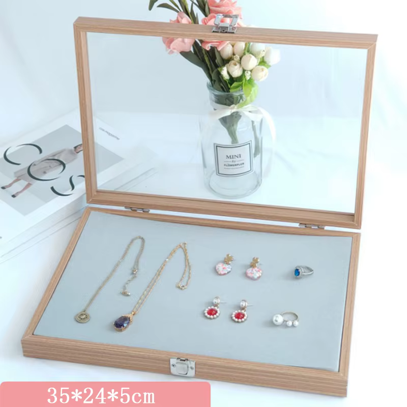Boîte à bijoux à couvercle Transparent, boîte de rangement en bois, plateau à bijoux en grille, vitr