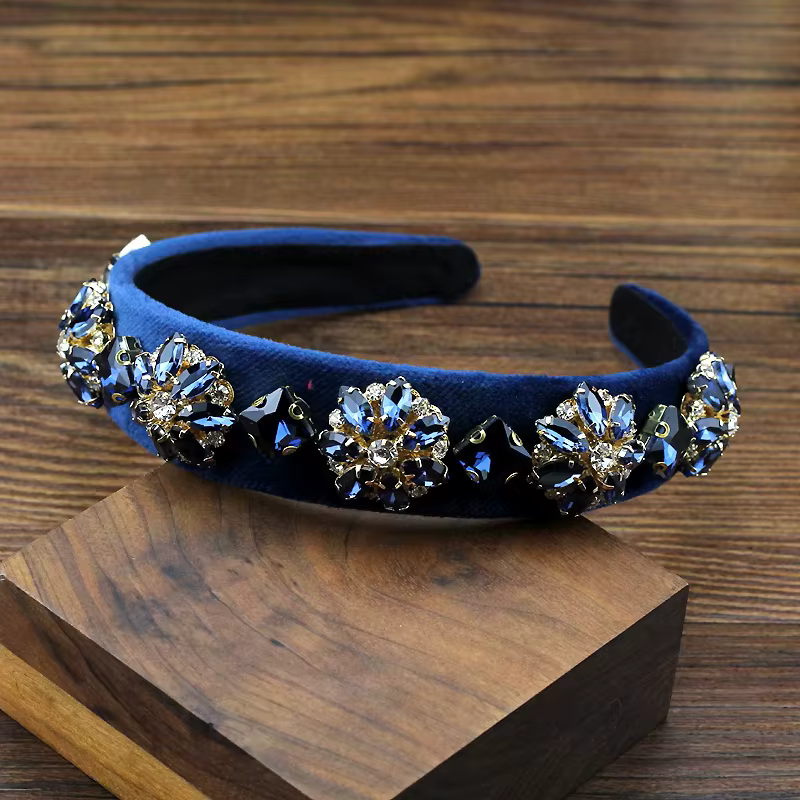 Serre-tête de luxe fait main en cristal bleu marine, orné de fleurs et de strass, style baroque vint