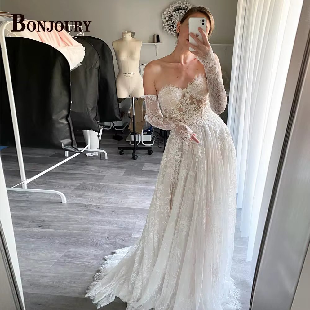 BONChain-Robes de mariée chérie URY pour mariée, appliques en dentelle, ligne A, corset, manches amo