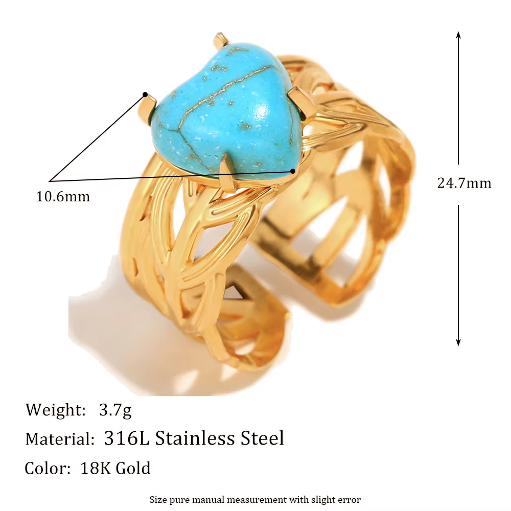 E.B.belle – bague d'ouverture en forme de feuille, pierre Turquoise bleue naturelle, cœur, plaqué or
