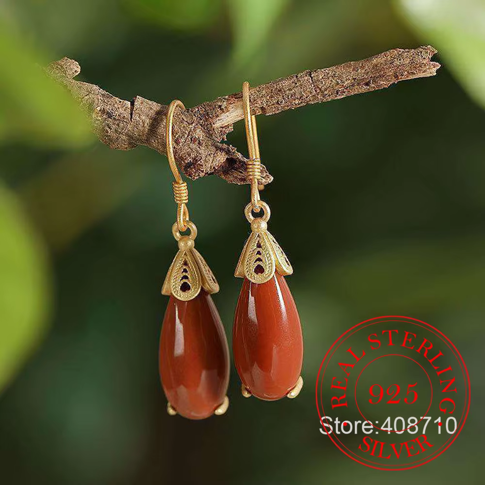 Boucles d'oreilles pendantes en argent sterling 925, agate rouge vintage de luxe, pour femmes, bijou