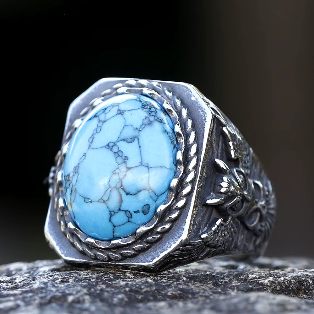 Bague en acier inoxydable SION L pour homme, pierre turque, corbeau viking, haute qualité, bijoux, c
