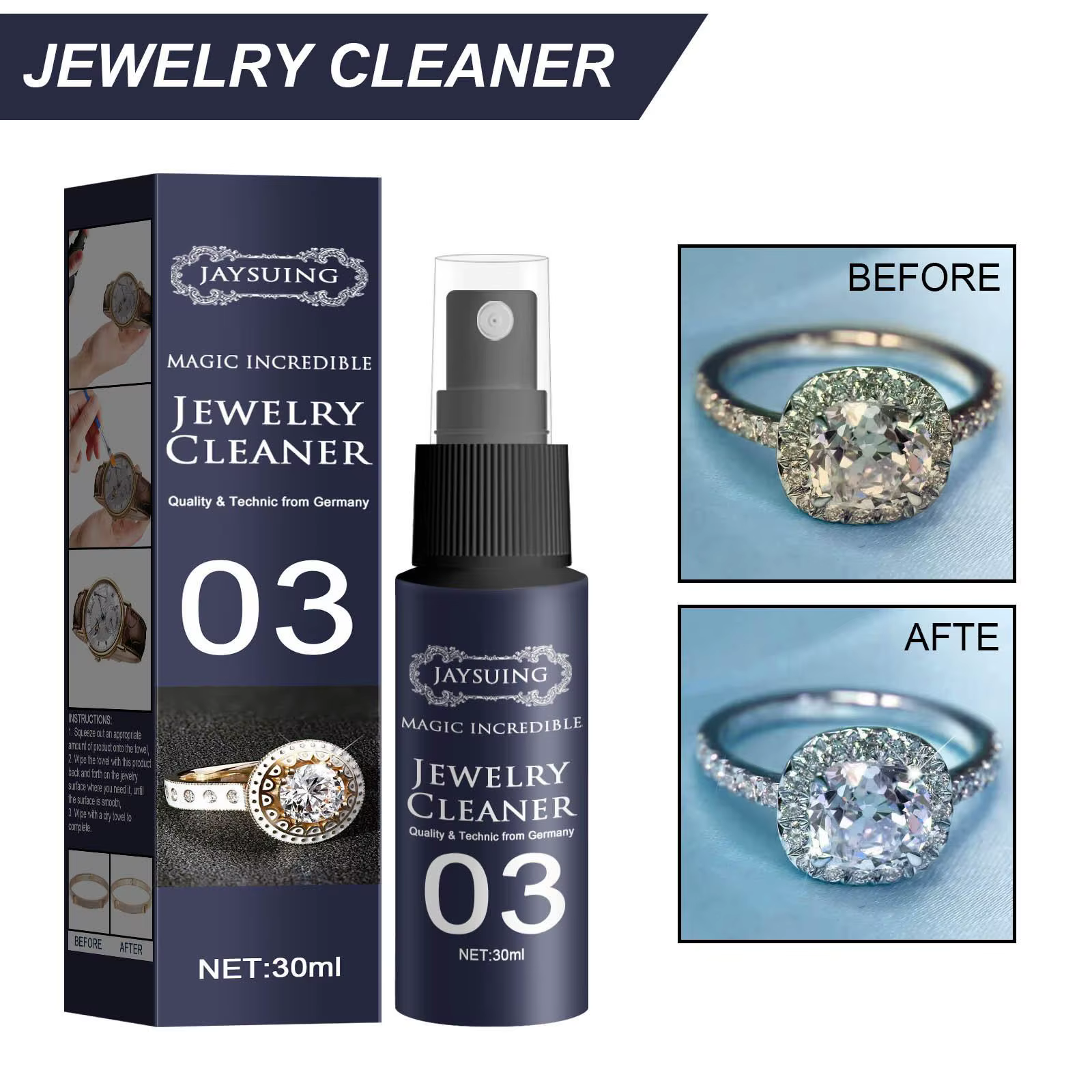 Nettoyant pour bijoux, Solution de nettoyage, dissolvant de ternissement, diamants lisses sans tache