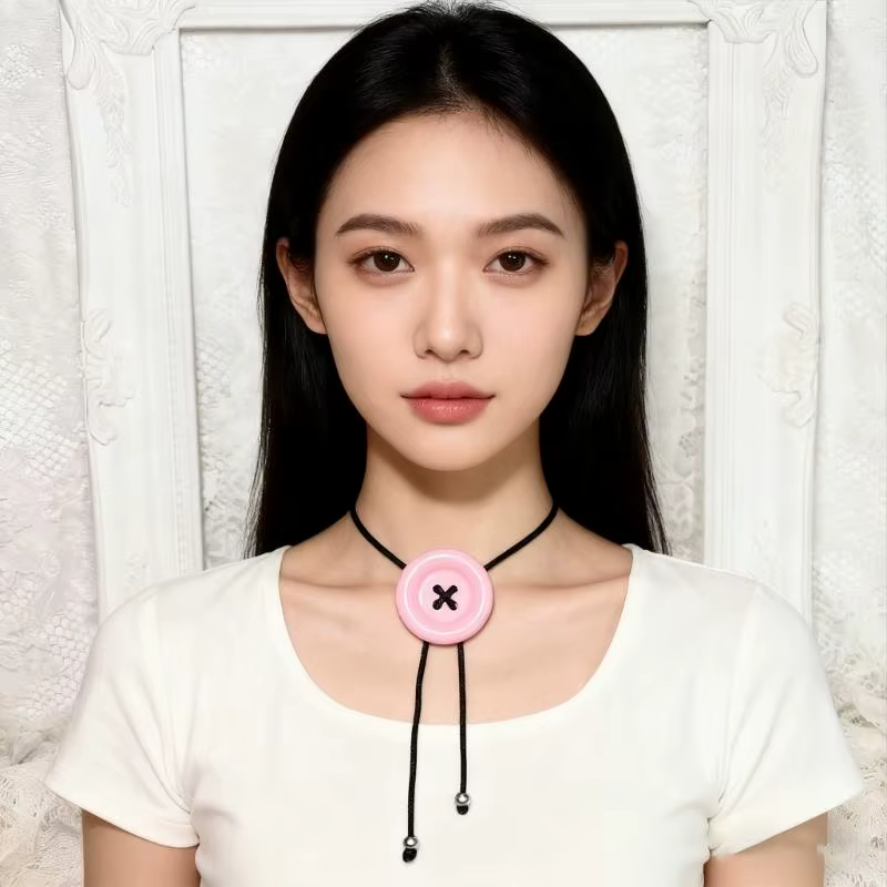 Collier contemporain en cordon cire orné boutons, système fermeture réglable, bijoux légers les jour