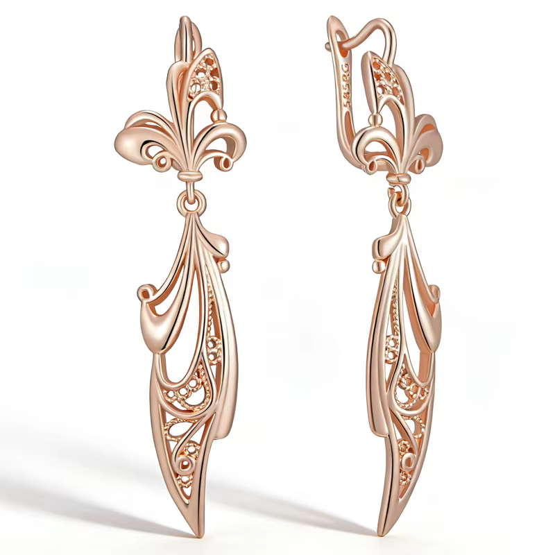 Kinel – boucles d'oreilles longues brillantes uniques pour femmes, couleur or Rose 585, fleur en mét