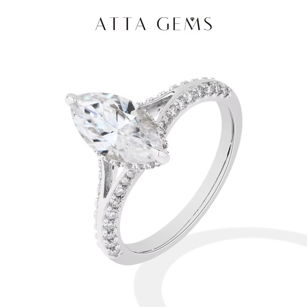 ATTAGEMS exquis Marquise coupe 2CT Moissanite anneaux 925 argent plaqué or 18K bague de fiançailles 