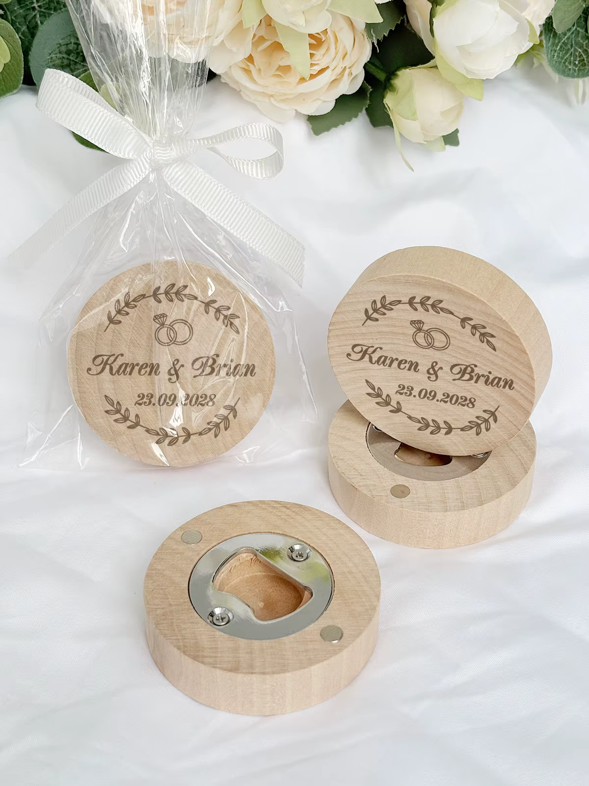 Faveurs de mariage pour les invités, ouvre-bouteille magnétiques en bois personnalisés, aimants de r