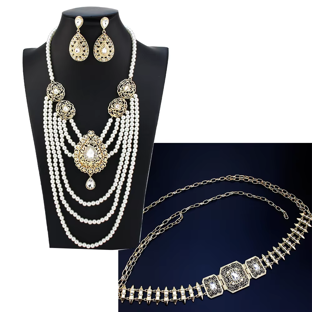 Sunspicems carré cristal marocain ceinture pour femmes perle chaîne collier goutte boucle d'oreille