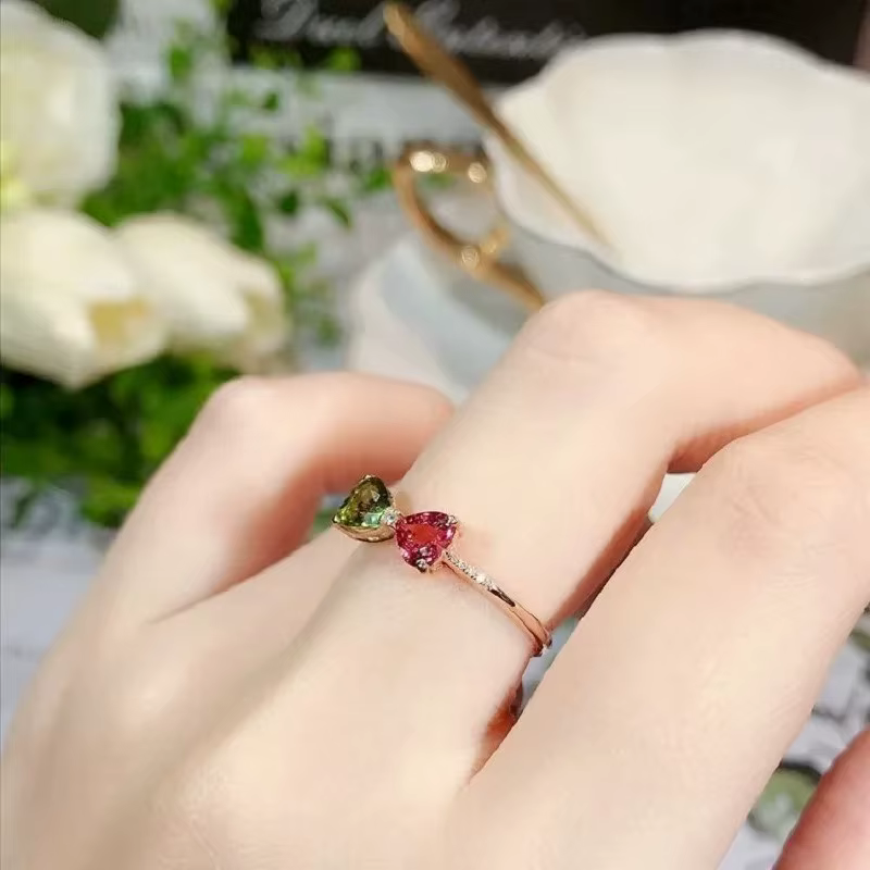Bagues à nœud papillon en Tourmaline rose, or véritable 9k, pierres précieuses naturelles arc-en-cie