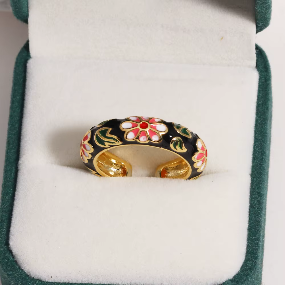 Bagues Vintage à fleurs en émail pour femmes, bague classique colorée gravée plaquée or 18 carats, b