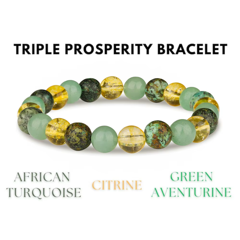 Bracelet triple prospérité Citrine Aventurine verte Turquoise africaine 8 mm cristaux de prospérité 
