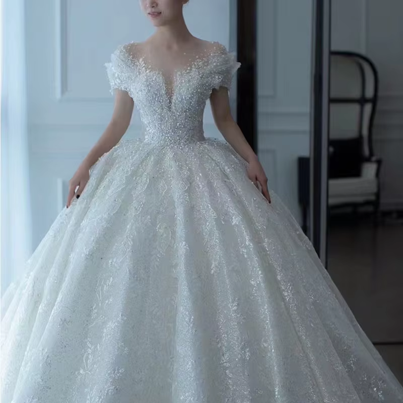 Robe de Mariée Longue avec Perles Réelles, Photos Réelles, Nouvelle Collection 2025