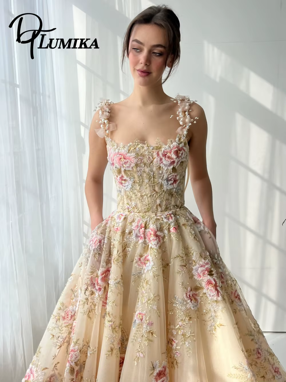 Robe de soirée formelle florale pour femmes, sans bretelles, bretelles Spaghetti, dos à lacets, lign