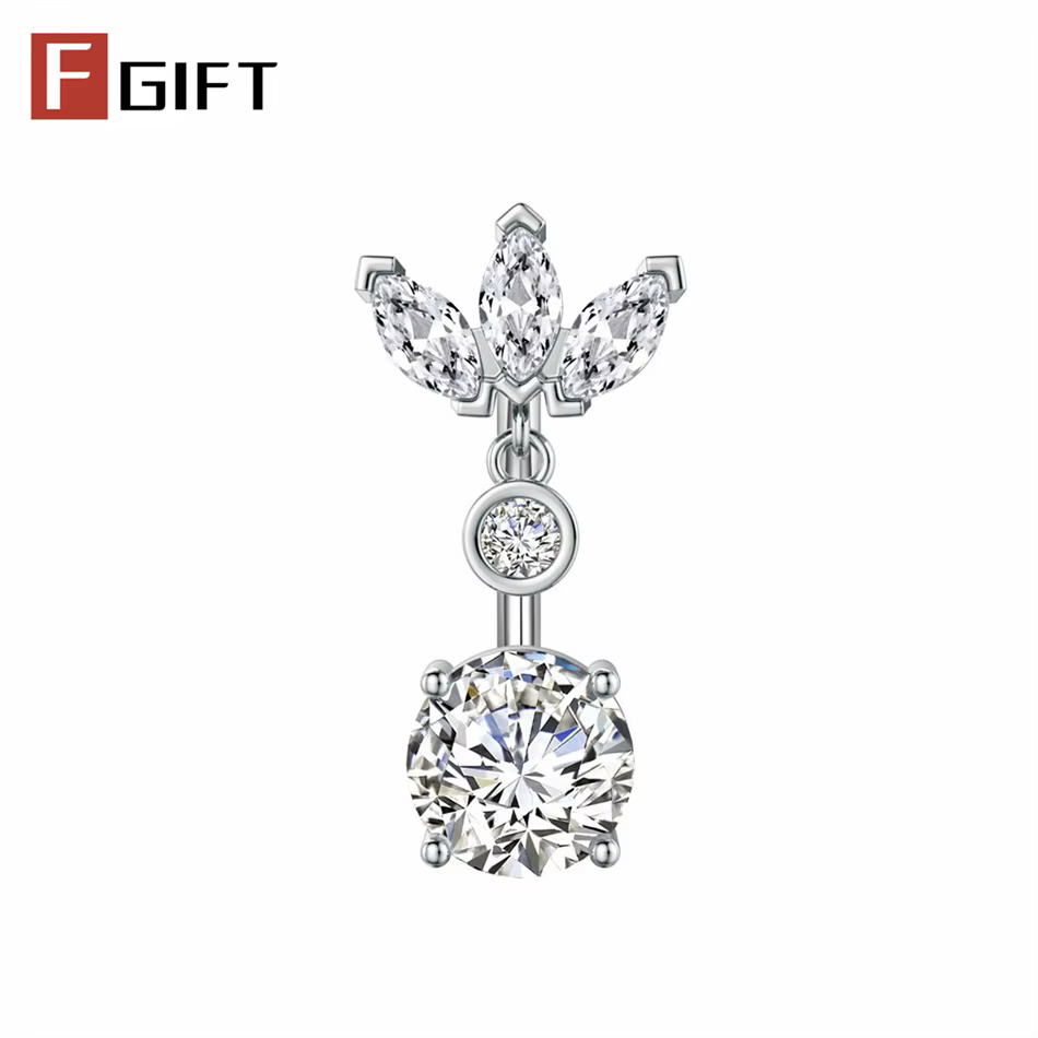 Anneau de nombril flottant élégant avec motif couronne florale et cristaux étincelants, piercing pou