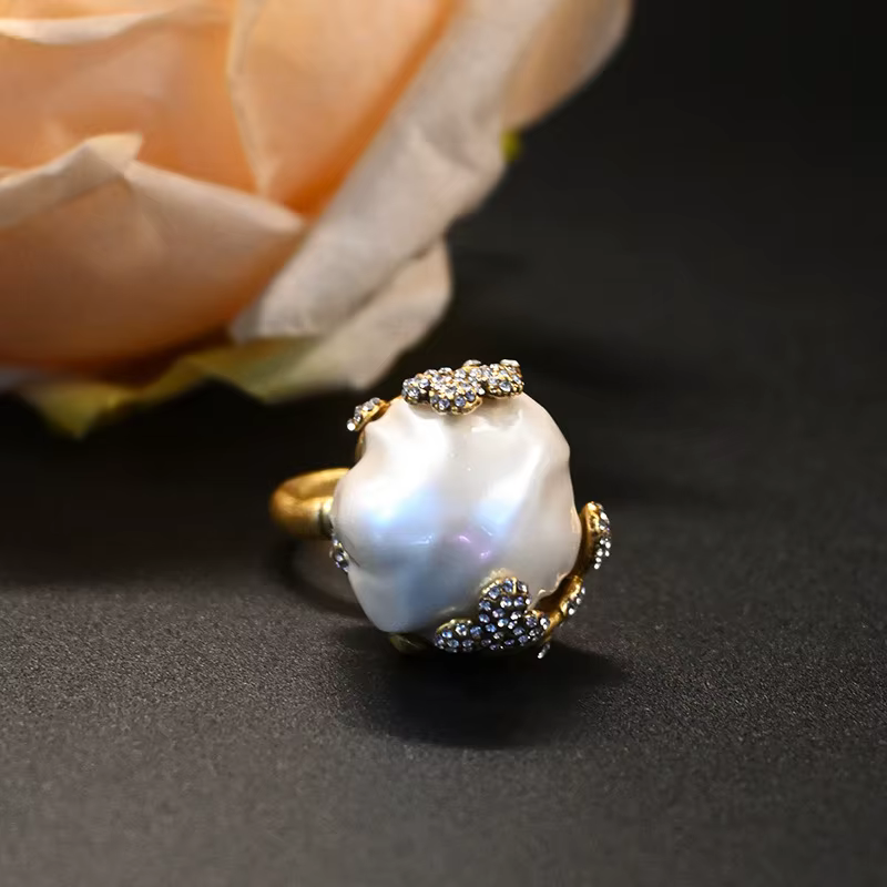 KEQIU – bague en laiton vintage sertie d'un clou de bourgeon de fleur de perle baroque haut de gamme