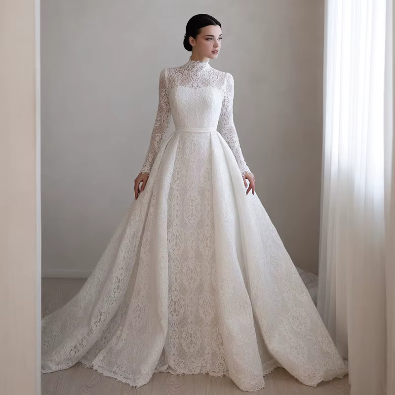 Eightree-Robes de mariée A-ligne élégantes, col haut, manches longues, dentelle, patients, Boho, pla