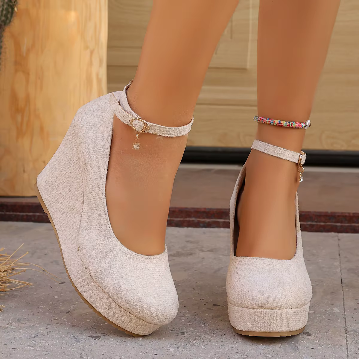Escarpins compensés Sexy pour femmes, boucle, bout rond, lanière à la cheville, talons hauts, platef