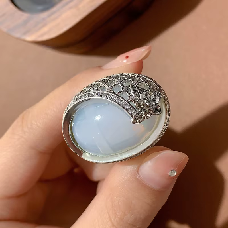 Grande bague opale pour femme, design vintage ajouré, argent 925, bijoux Boho de déclaration, cadeau