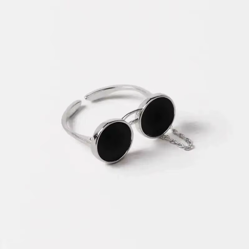 GEEZENCA-Bague Ouverte en Forme de Lunettes de Soleil en Argent Sterling 925 pour Femme, Agate Noire