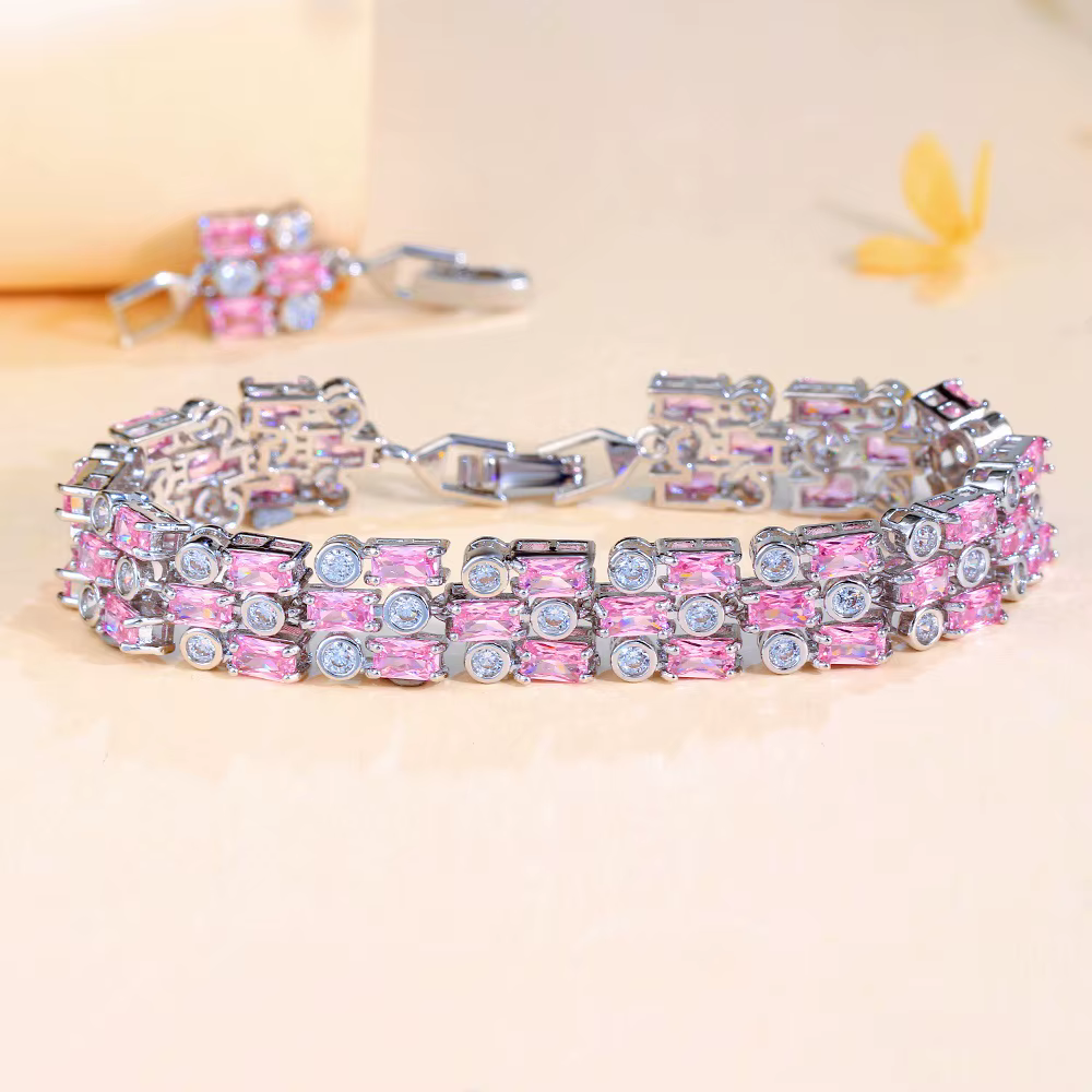Pera élégant femmes grande chaîne de Tennis large Bracelets rose Zirocnia 3 rangées conception main 