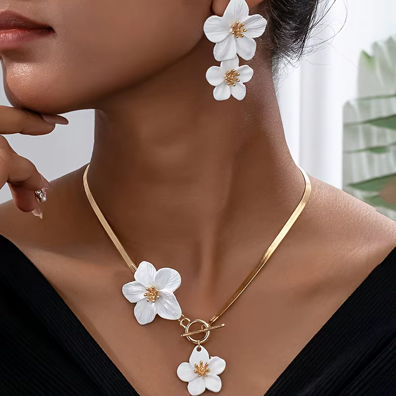 3 pièces/ensemble élégant fleur pendentif collier et boucles d'oreilles ensembles de bijoux pour fem